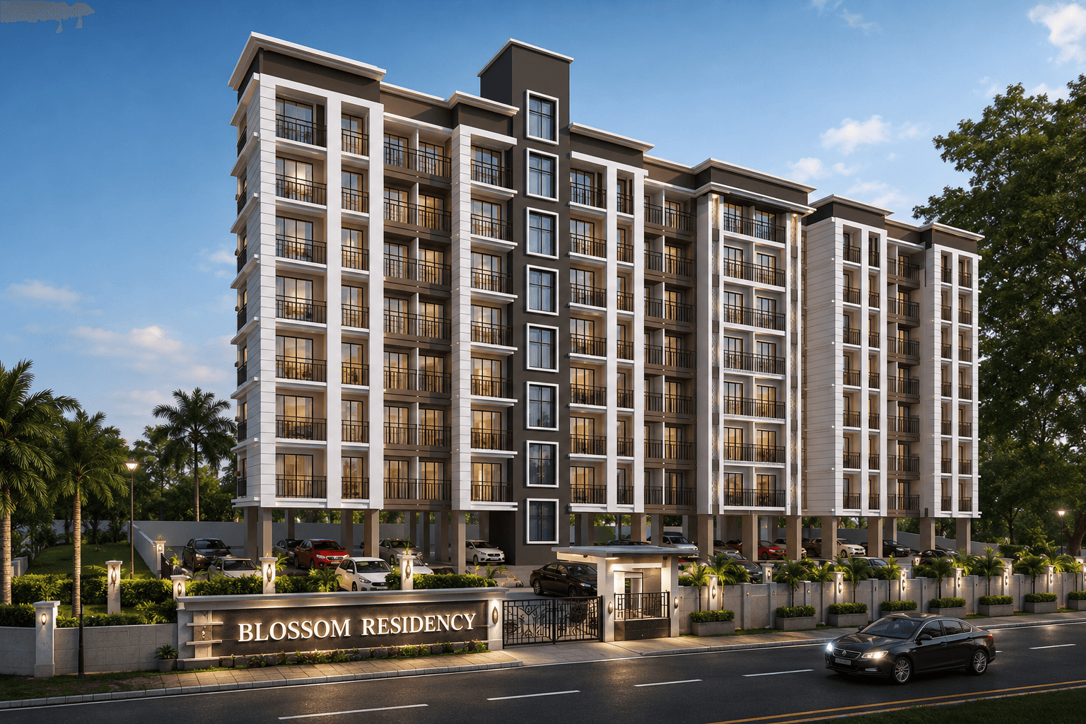 Blossom Residency — twilight elevation